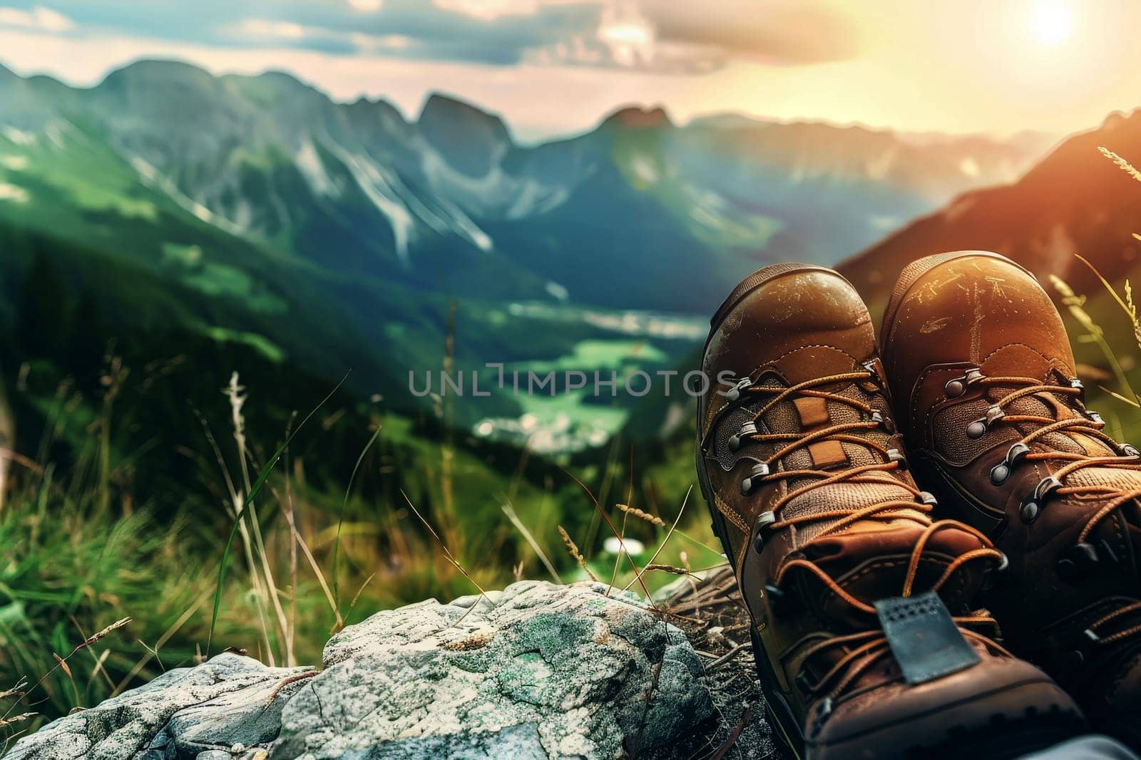 A close-up of a hiker's boots on a rugged mountain path, with the scenic beauty of the mountains in the background .AI Generative.