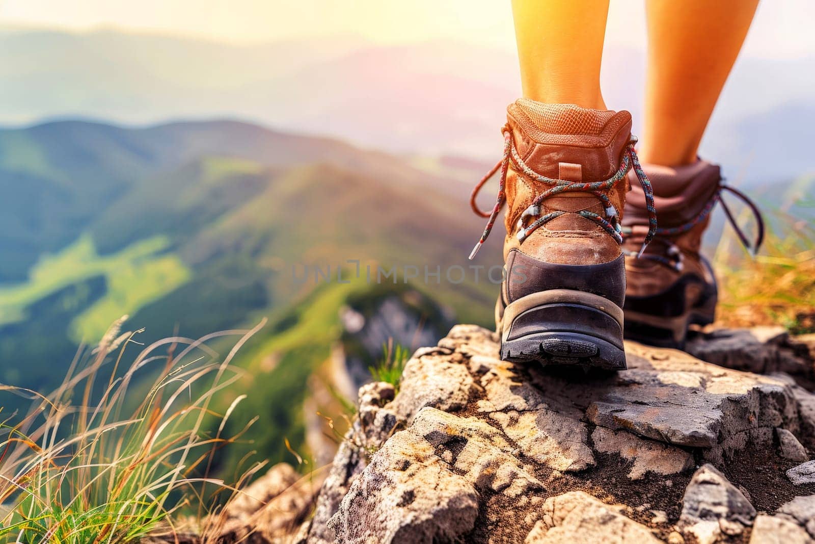 A close-up of a hiker's boots on a rugged mountain path, with the scenic beauty of the mountains in the background .AI Generative.