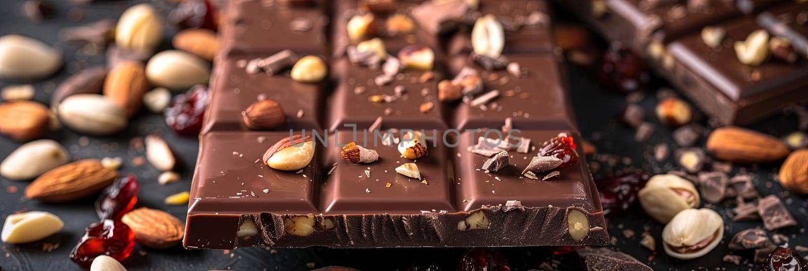 Detailed close-up of a chocolate bar filled with nuts, showcasing rich textures and natural ingredients.