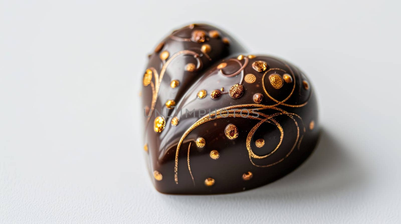 A heart-shaped chocolate adorned with luxurious gold sprinkles on a sleek white background.