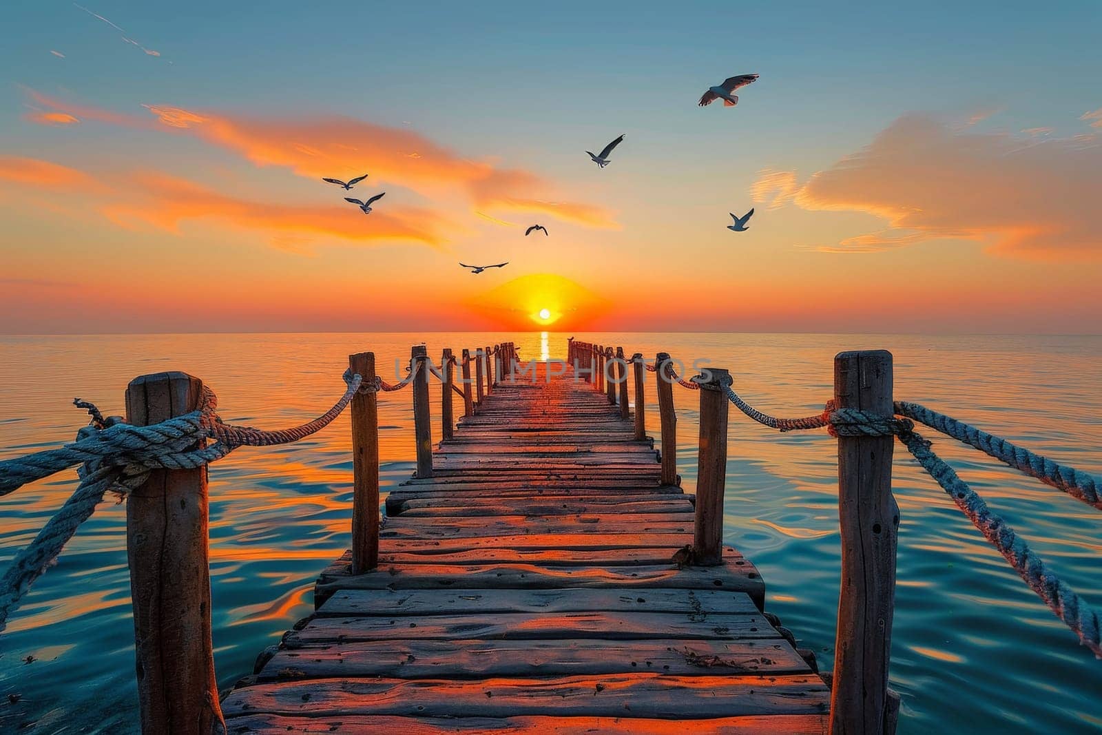 a Wooden pier with rope have seagulls flying over the water and the sunset. ai generative.