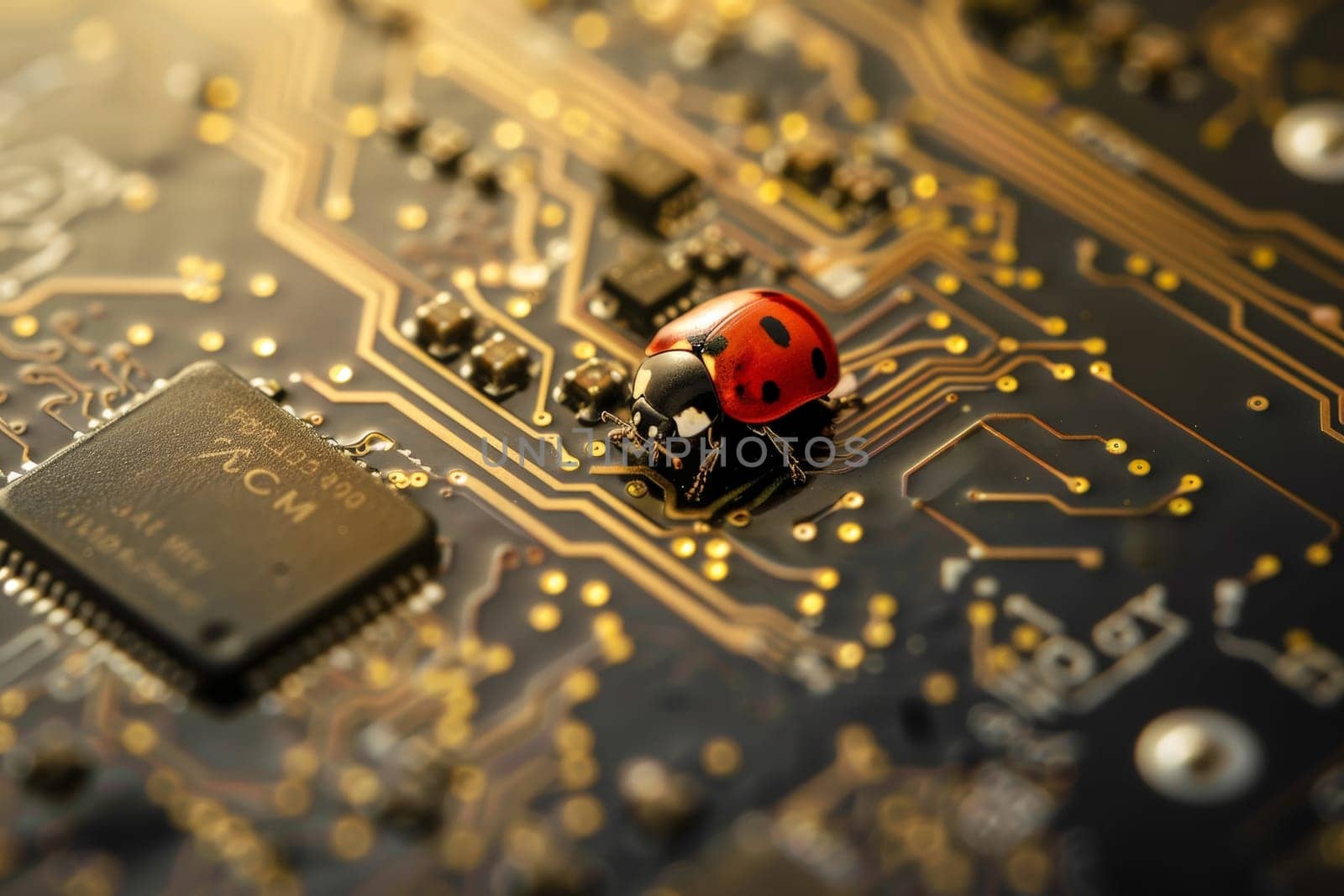 ladybug on circuit board, motherboard have bug. security cyber concept. ai generative.