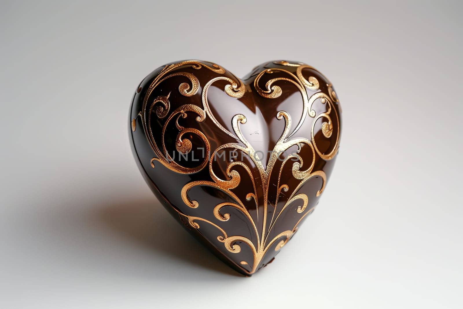 Brown and white heart shaped box adorned with golden accents placed on a white surface, elegant and romantic.