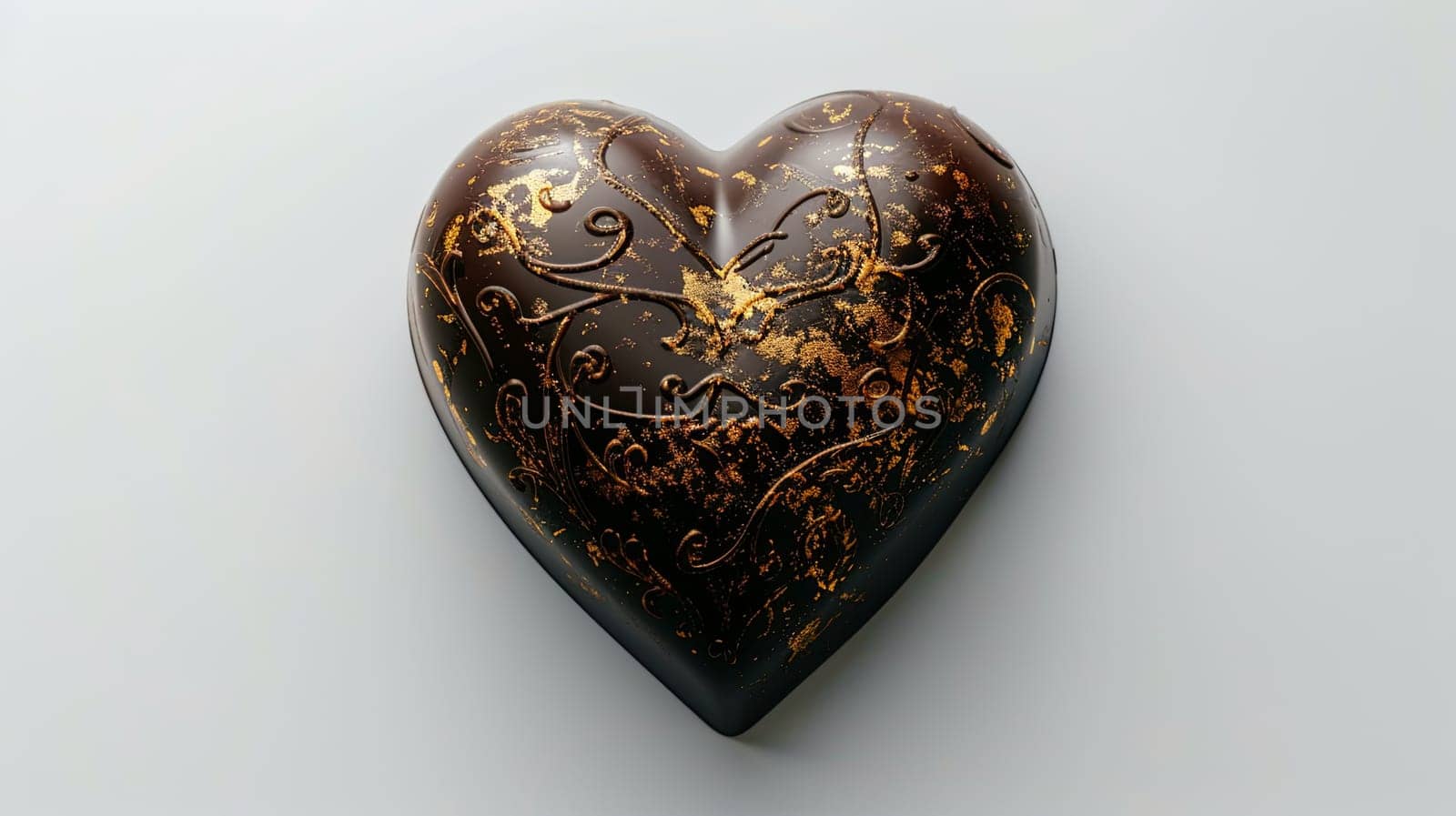 Heart-shaped chocolate box with golden accents sitting on a white table.