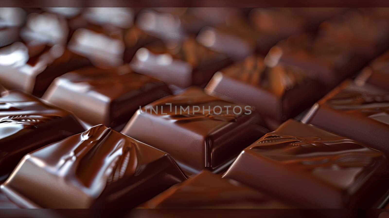 Detailed close-up of a smooth dark chocolate bar with visible break lines on a table.