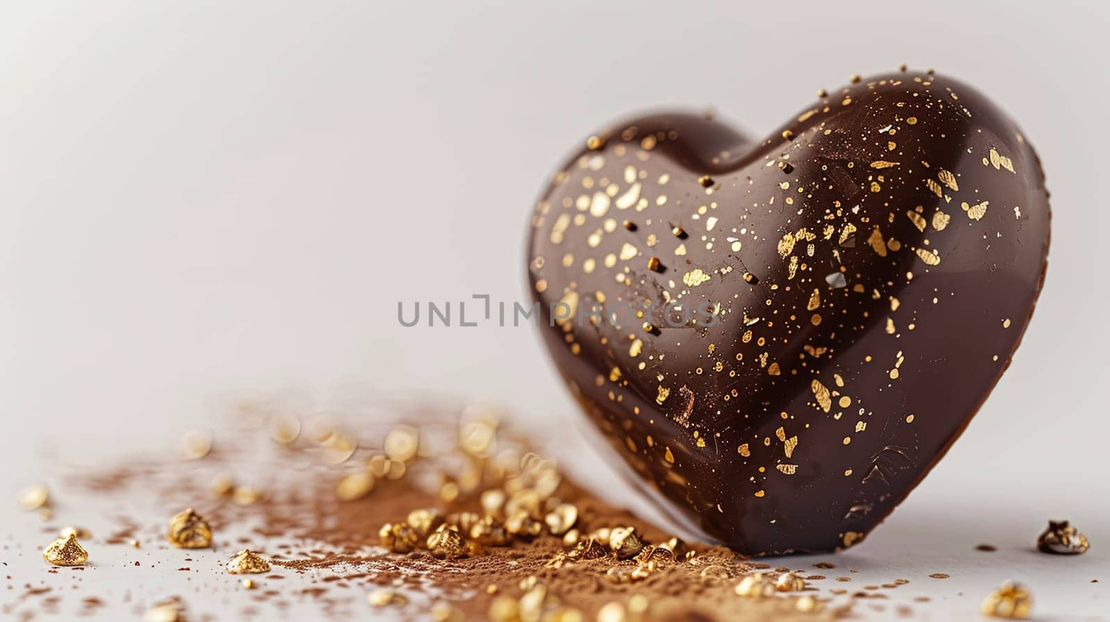 A detailed chocolate heart adorned with golden sprinkles, creating an elegant and romantic appearance on a white background.