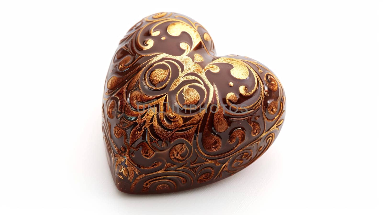 A detailed brown heart-shaped box with golden accents sits elegantly on a table against a white background.