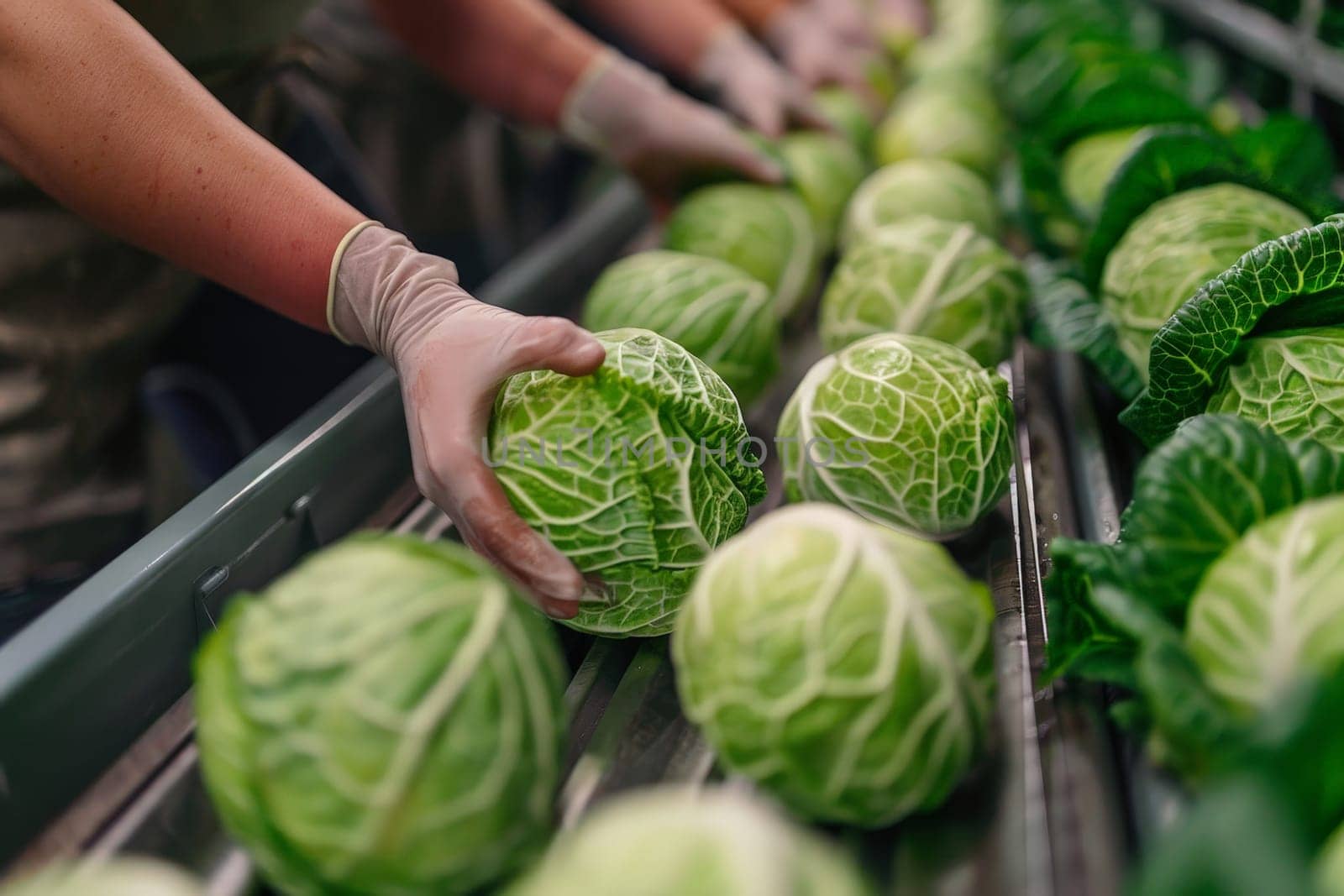 Staff with gloves check cabbage on conveyor in industry. ai generative.