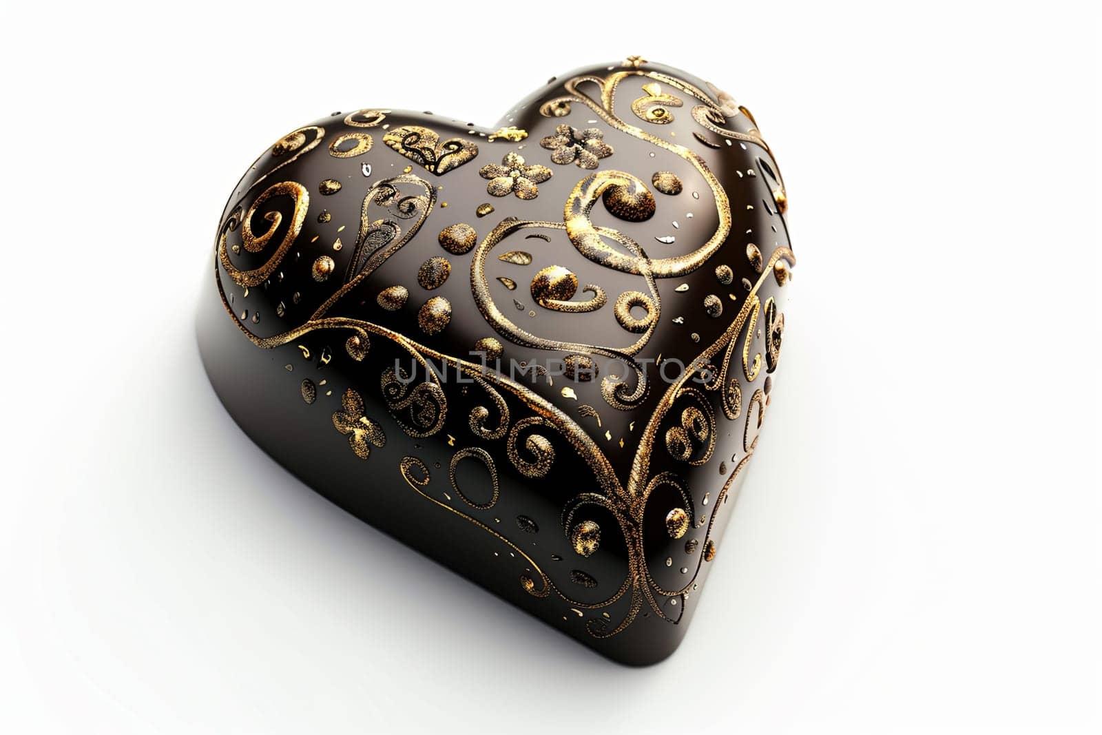 A heart shaped box adorned with golden accents, against a white backdrop, showcasing intricate details, exuding elegance and romance.