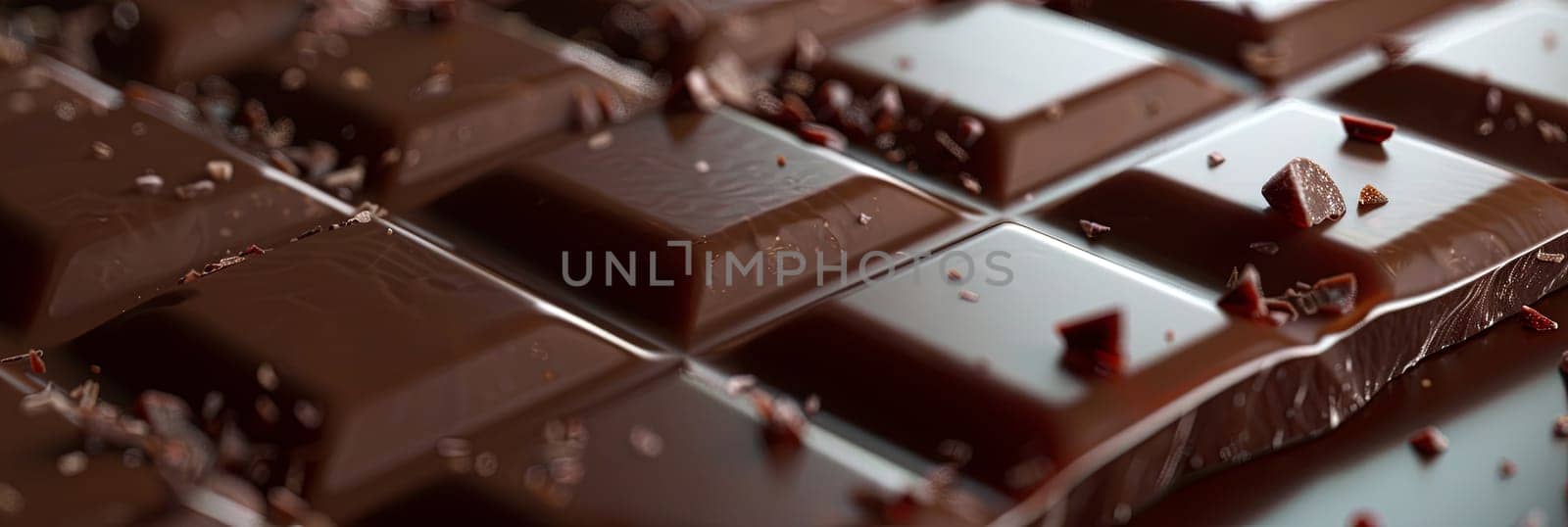 Detailed close-up of dark chocolate bar with bite mark visible on smooth surface.