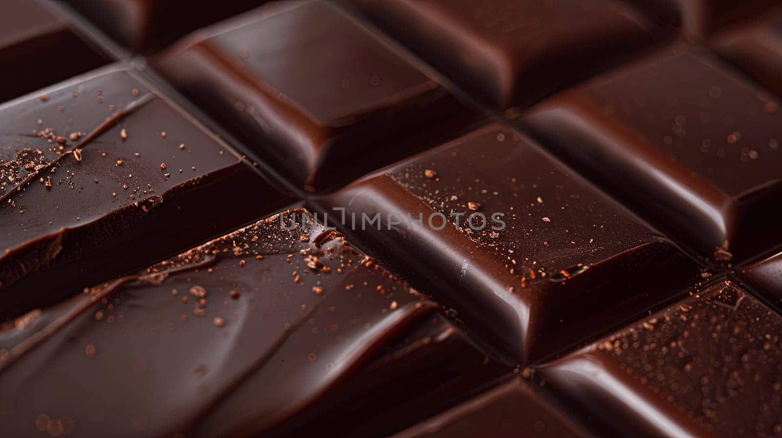 Detailed close-up of a smooth dark chocolate bar with visible break lines and an even surface.