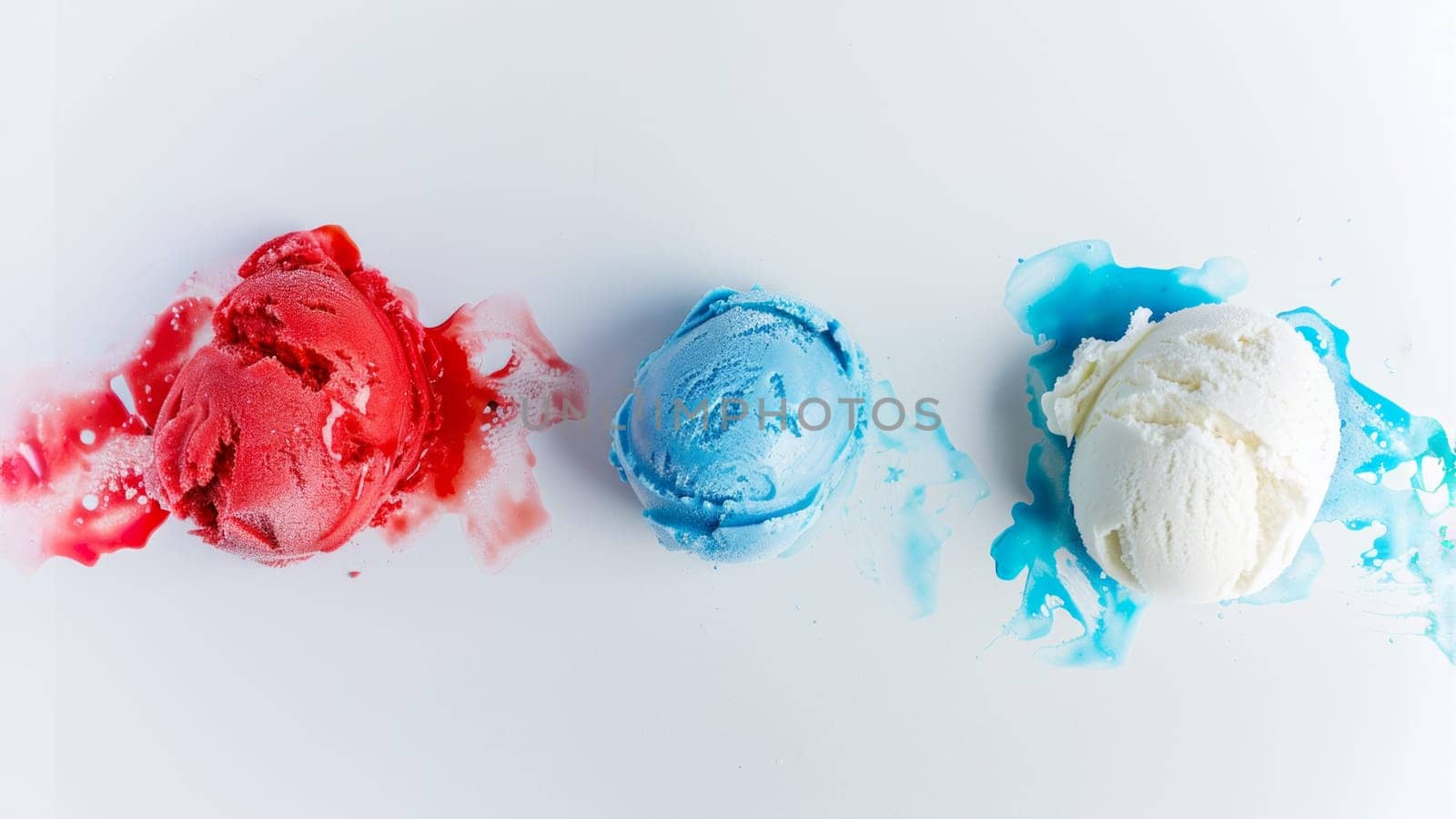 Top view of red, white, blue ice cream balls on white background