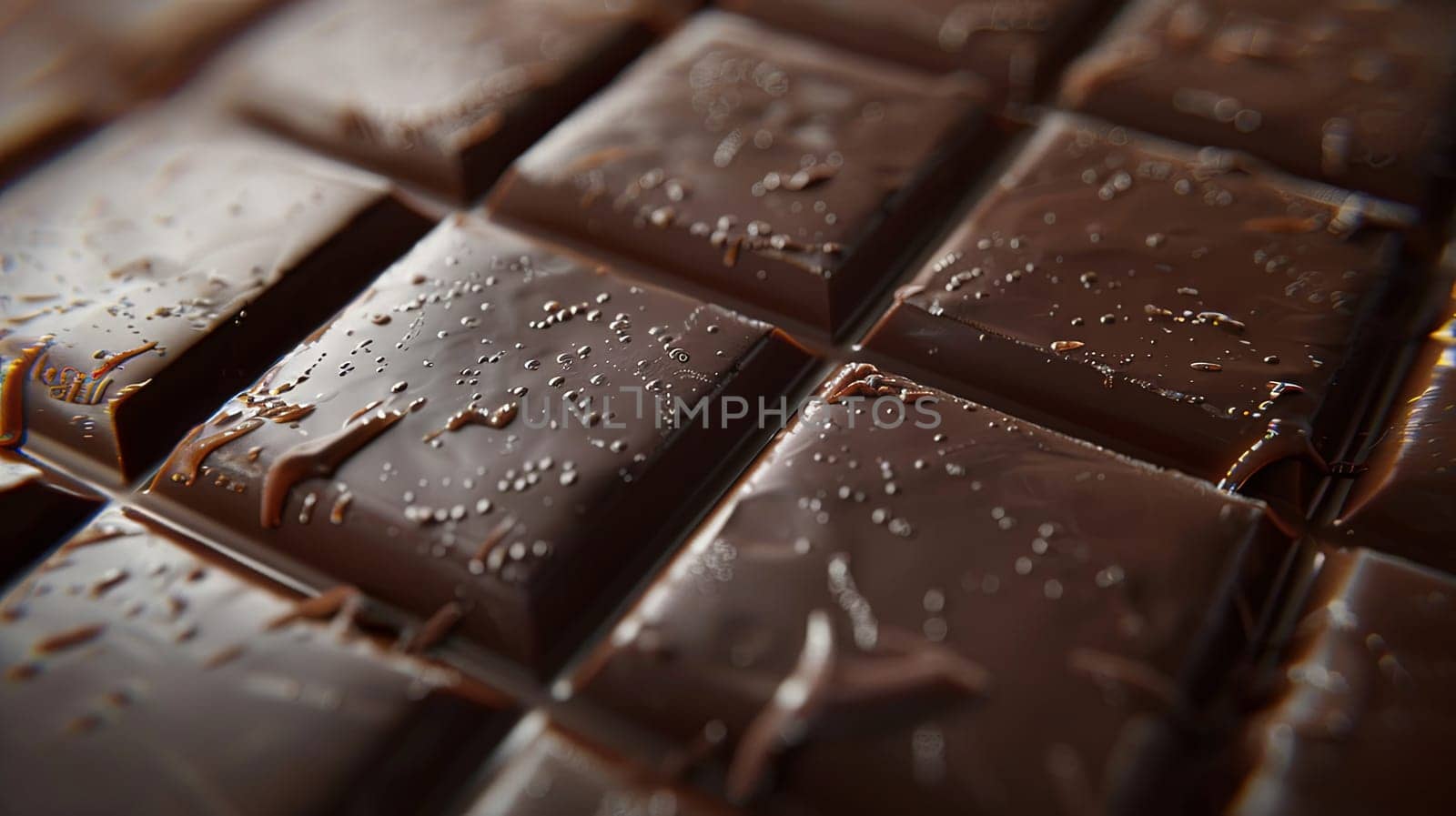 Detailed close-up view of a dark chocolate bar with visible break lines and perfectly even surface.