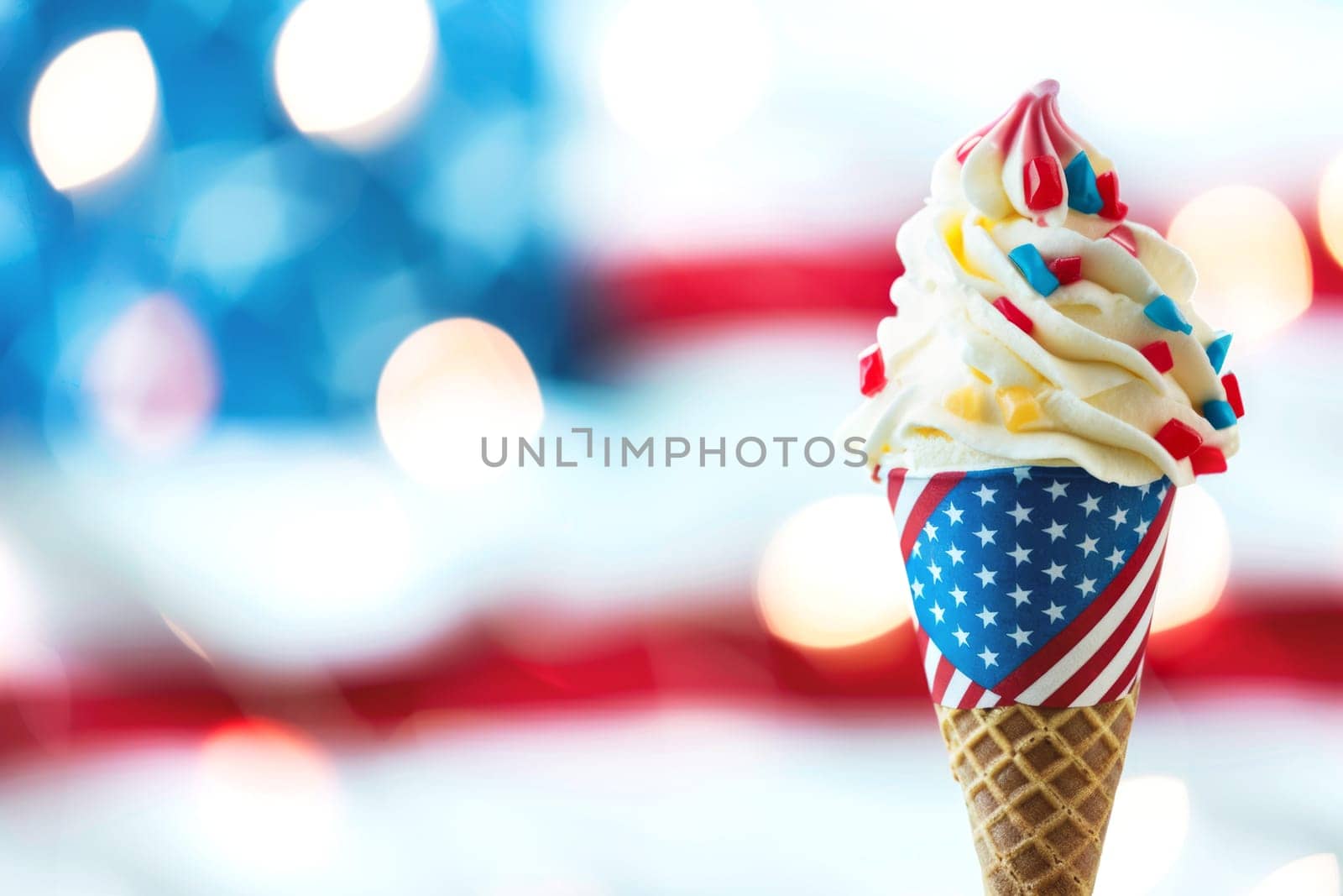 A festive ice cream cone with red, white, and blue stripes, topped with a small American flag, against a beach background under sunlight.