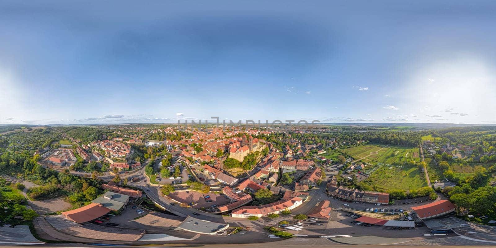 Aerial view of famous Castle Quedlinburg, in beautiful golden evening light, Saxony-Anhalt, Germany