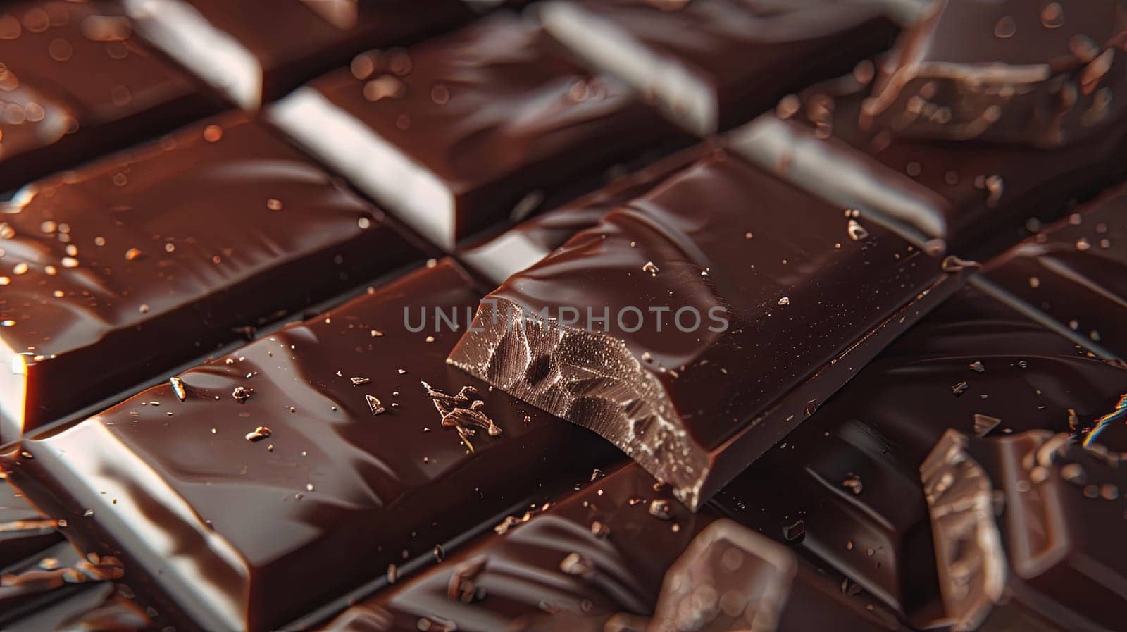 Detailed view of a smooth chocolate bar, showcasing its break lines, dark color, and even surface.
