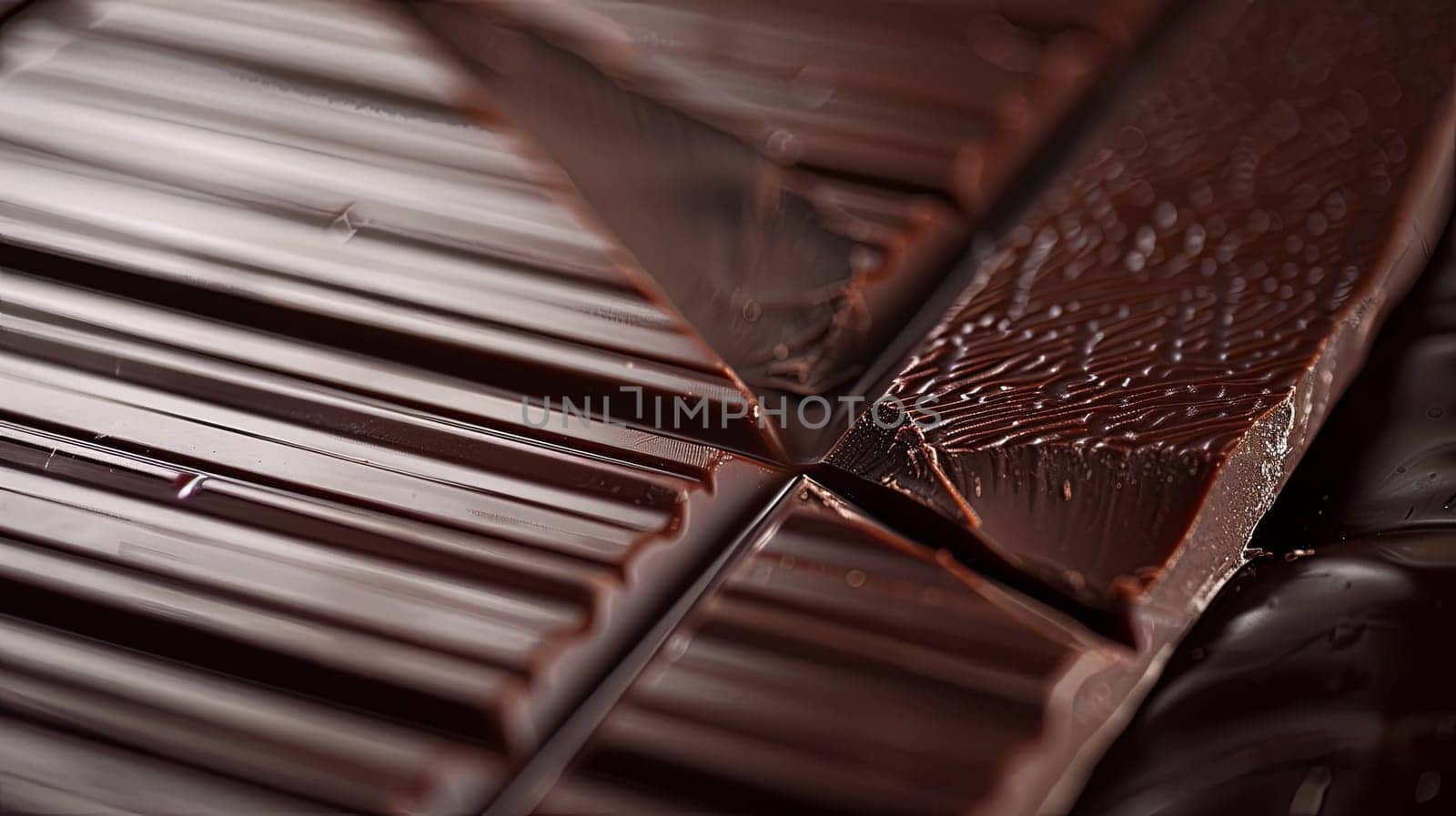 Detailed close-up of a dark chocolate bar showing break lines and smooth, even surface.