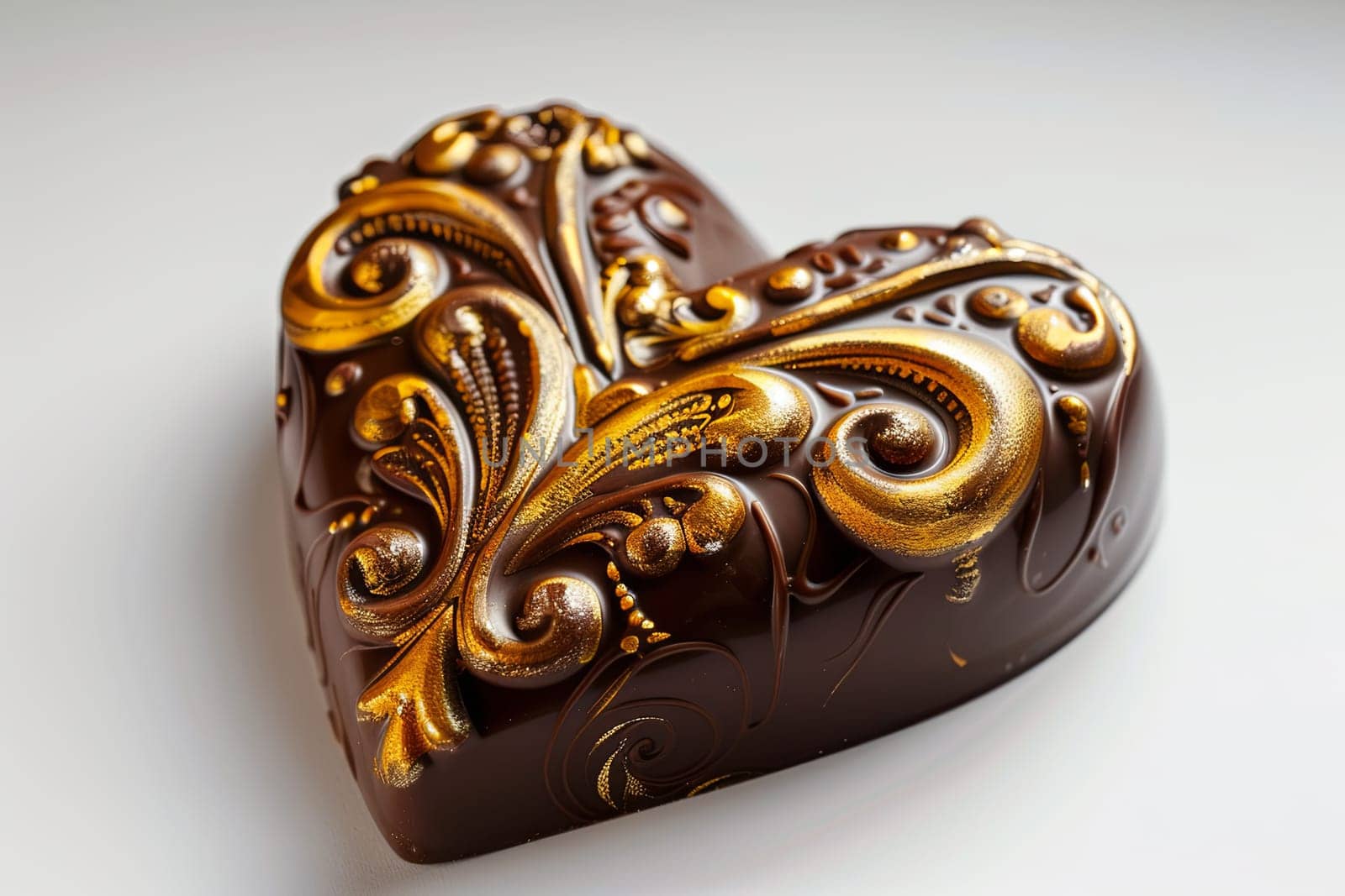Detailed close up of an elegant heart shaped chocolate with golden accents on a white background.