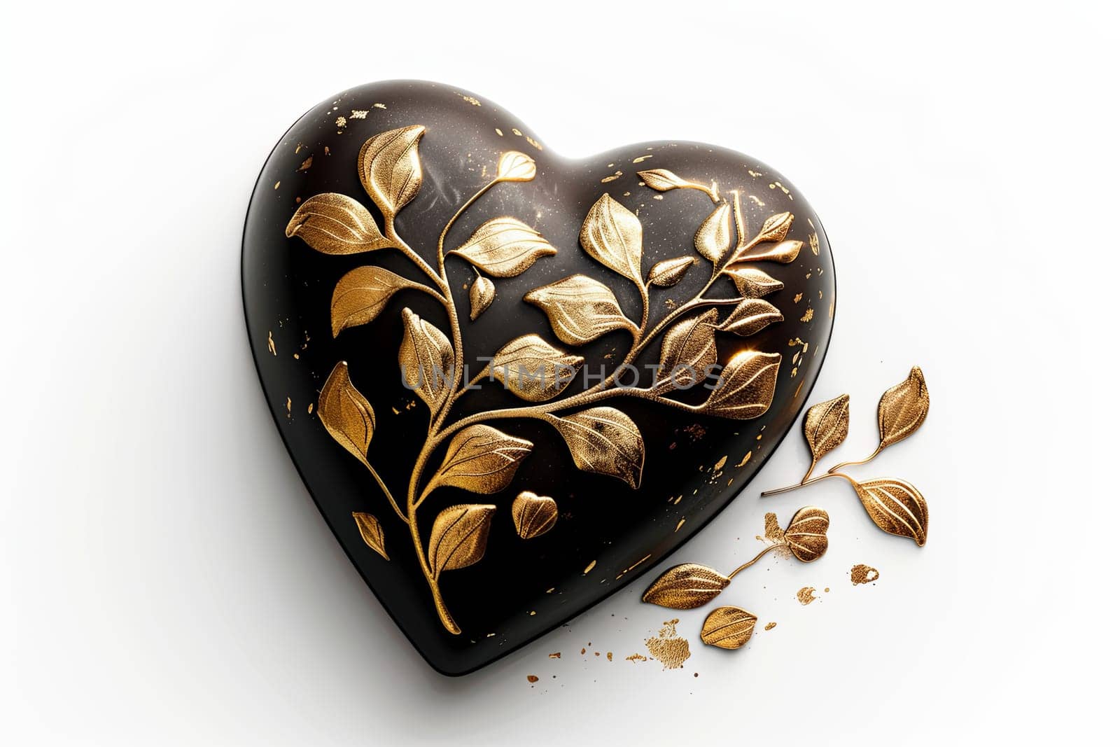 A chocolate heart-shaped box embellished with intricate gold leaves on a white background, creating an elegant and romantic look.