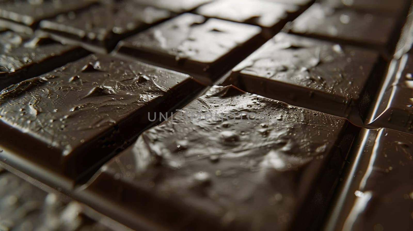 Close-up of a dark chocolate bar with water droplets, showcasing break lines and a smooth, even surface.