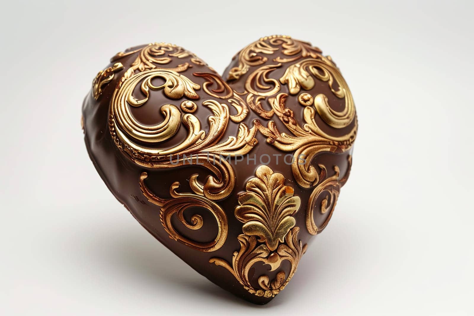 A heart shaped chocolate box adorned with intricate gold decorations, set against a white background.