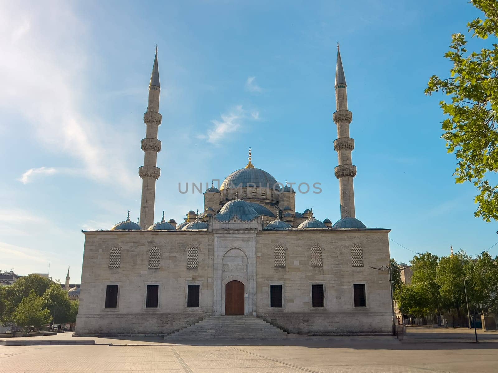 Yeni Cami (New Mosque) located in Eminönü, Istanbul on a sunny spring day