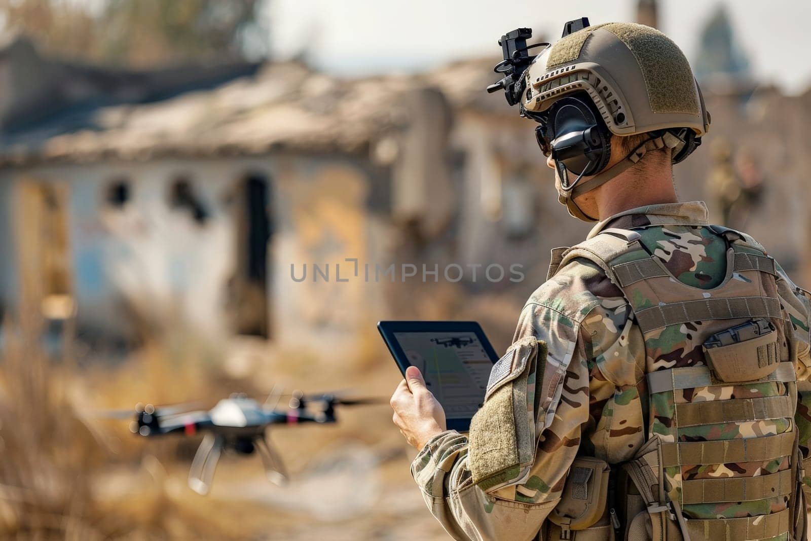 A soldier hold tablet in the field, operating drones. . A drone controller and camera visuals on a smartphone. Generative AI.