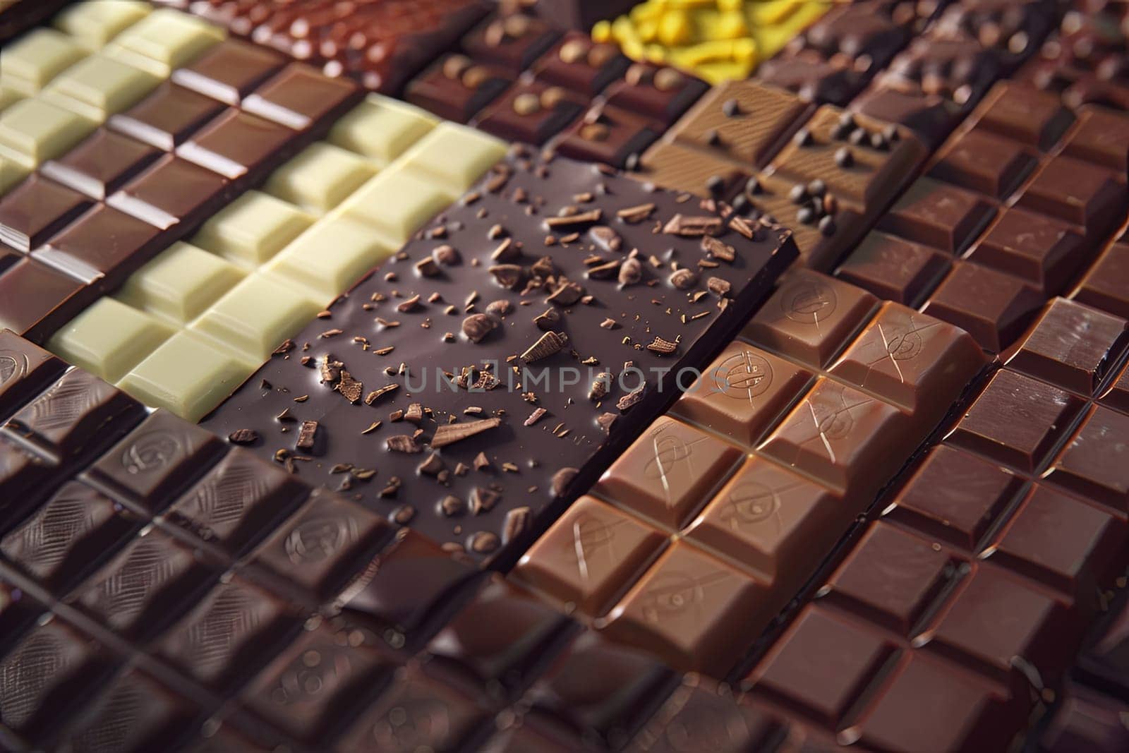 Detailed close-up of various chocolate bars neatly arranged, showcasing different flavors and types.