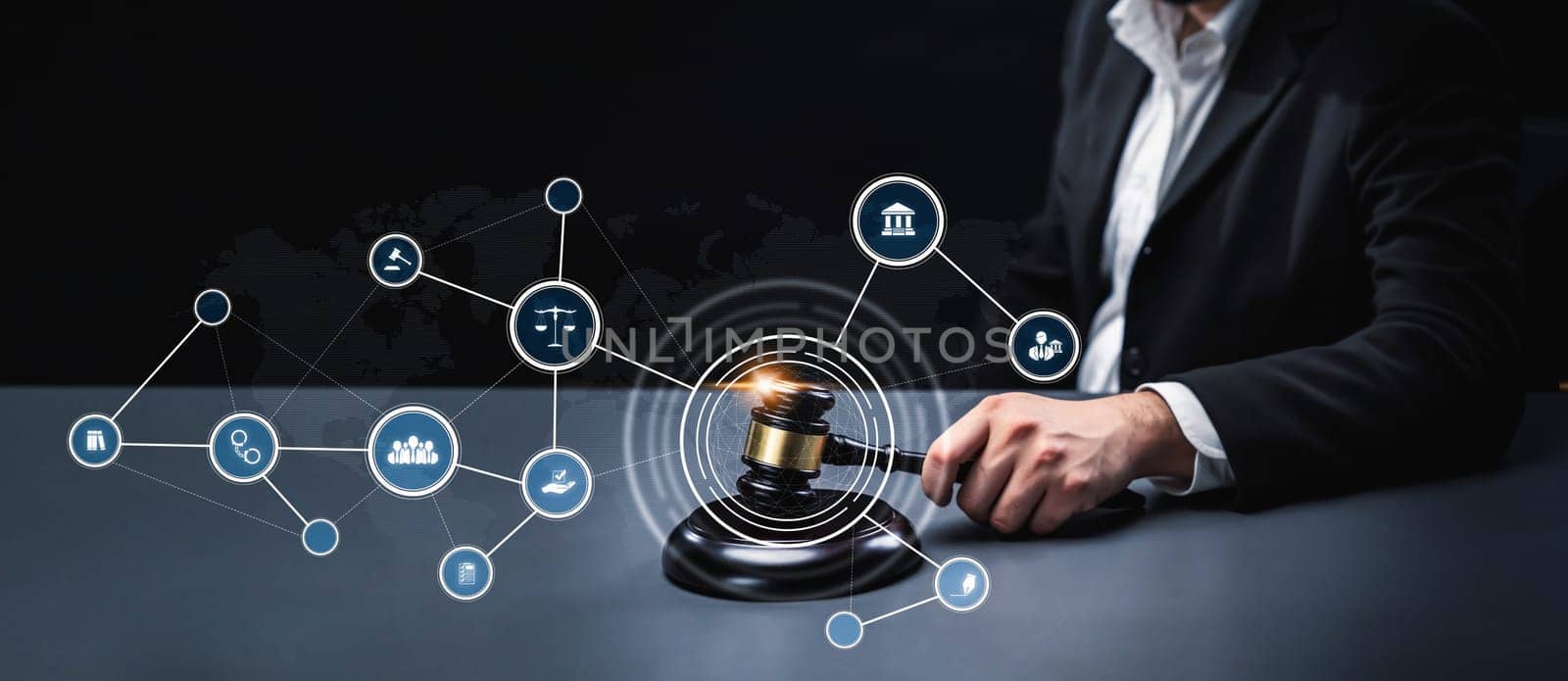 Smart law, legal advice icons and lawyer working tools in the lawyers office showing concept of digital law and online technology of savvy law and regulations .