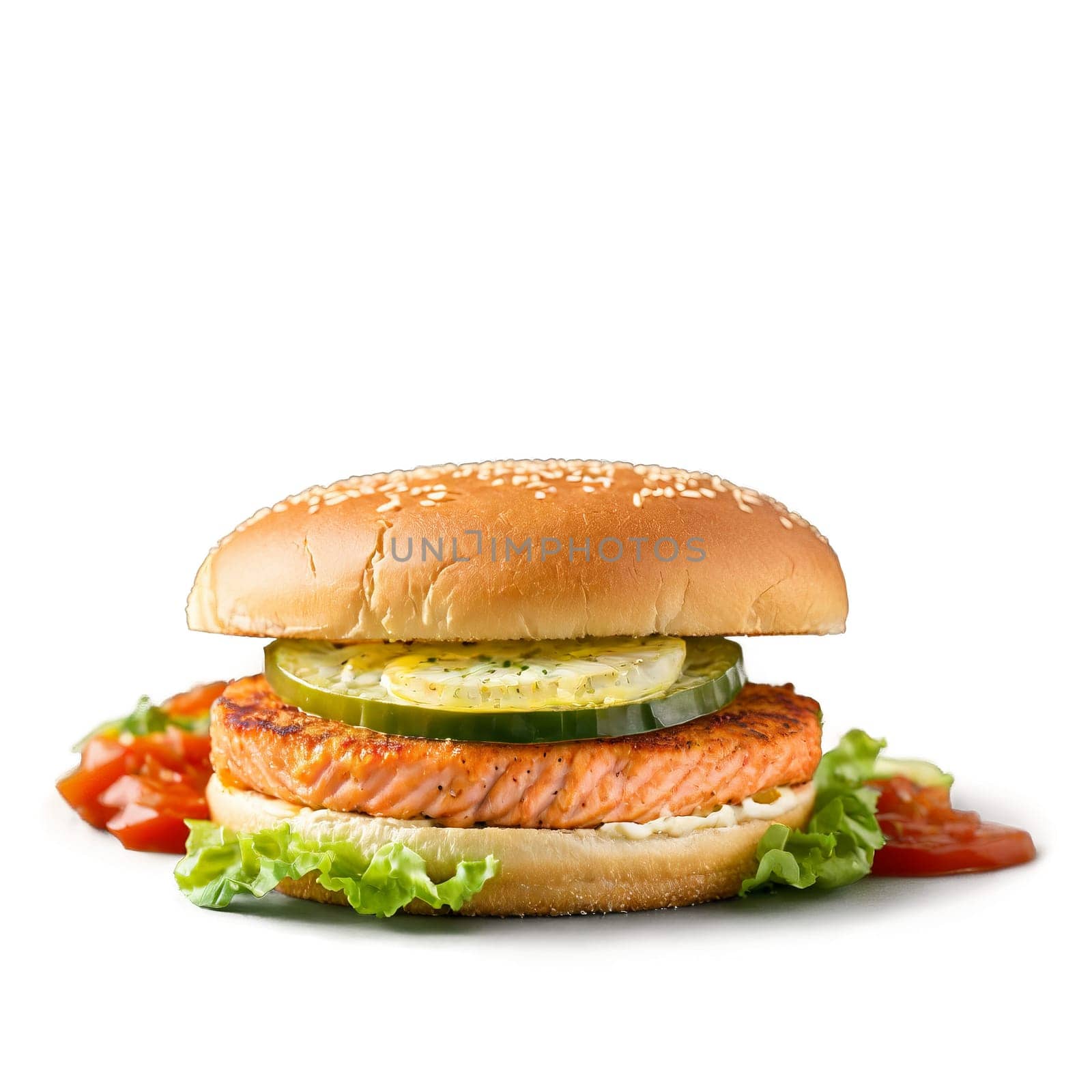 Salmon burger a golden brown and crispy served with a side of marinara sauce for. Food isolated on transparent background
