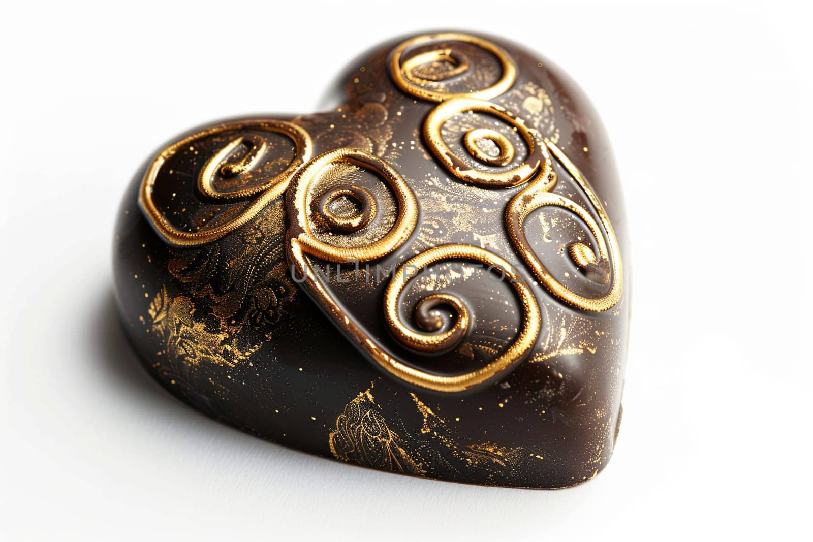 Detailed chocolate heart with elegant gold swirls on white background.