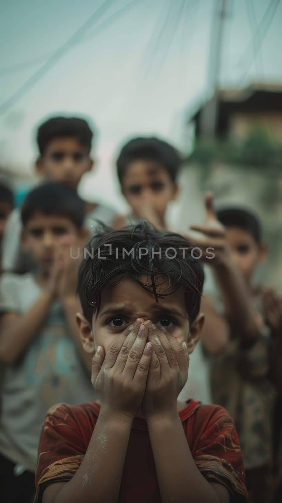 A child with haunting eyes covers his mouth in silence among a crowd, conveying a powerful message of fear and the need for protection. by sfinks