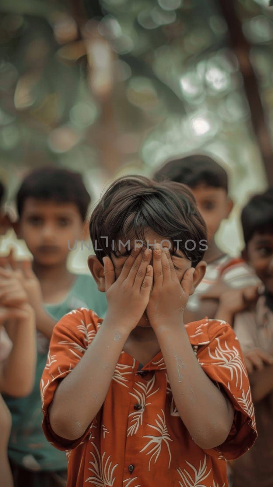 A young boy covers his face with his hands, playing a game among his peers. The innocence of childhood games is captured in this vibrant moment. by sfinks