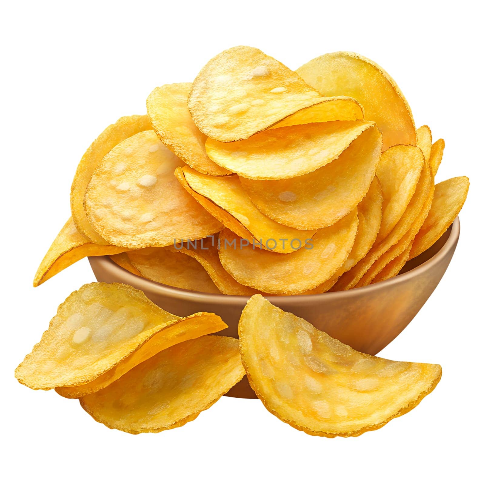 Potato chips in round bowl, AI generated, white background. by Margo