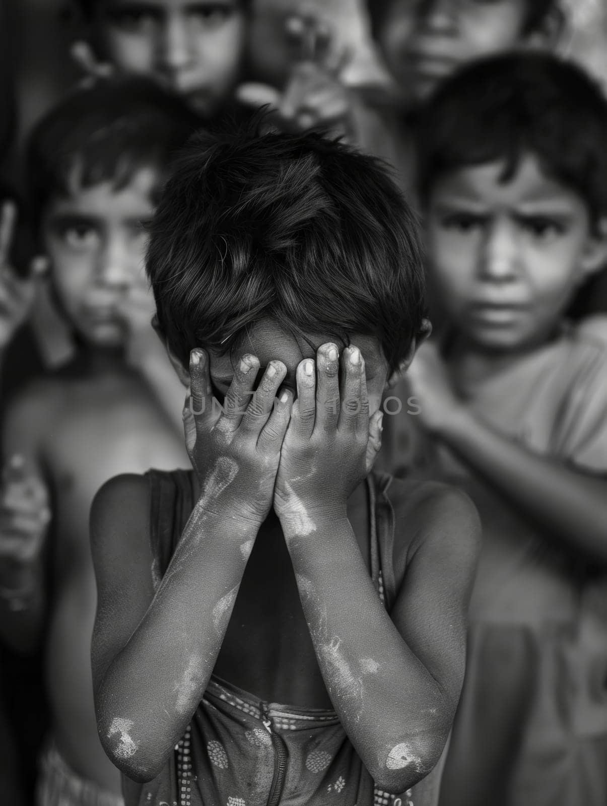 In a timeless black and white portrayal, a child covers his eyes, surrounded by his expectant friends. The monochrome adds a classic feel to the playful scene. by sfinks