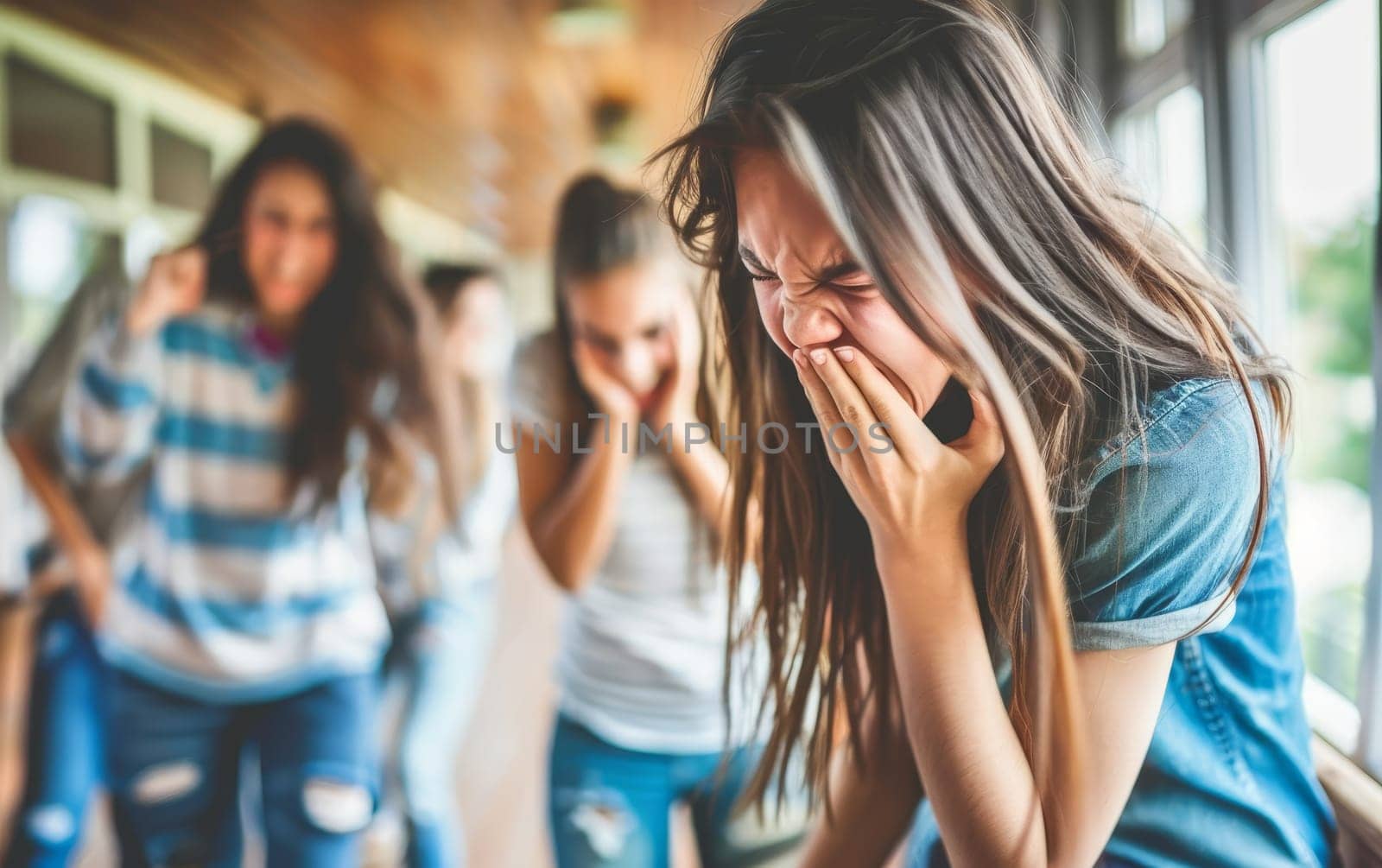 A young woman covers her face in distress, a moment of personal anguish made stark against a blurred backdrop of her peers. Out-of-focus group behind her shares a spectrum of concern and indifference. by sfinks