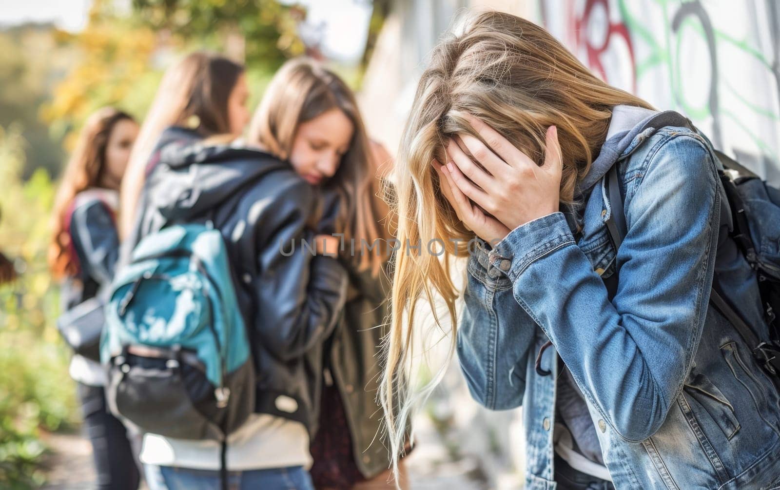 A teenager shields her eyes, succumbing to sorrow on a sunny day while others pass by in a daze, highlighting the solitude one can feel even in a crowd. The inner turmoil