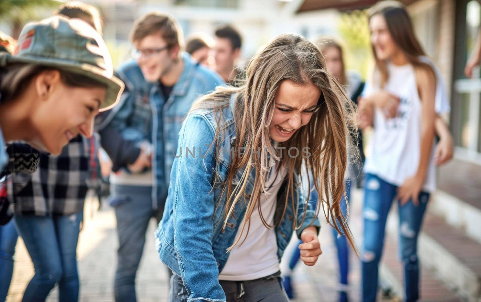 A teenage girl, in visible agony, bends forward as laughter echoes around her, portraying the cruelty of verbal bullying in a school setting. The emphasizes the severity of bullying among youth. by sfinks