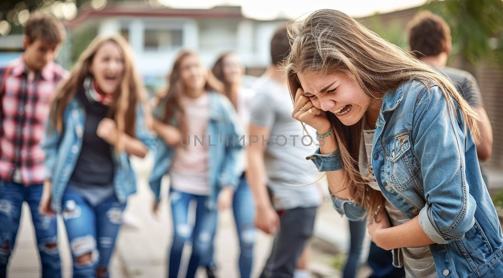 A teenager in distress is mocked by her peers, her face contorted in pain. The laughter and blurred movement of the group highlight her acute isolation