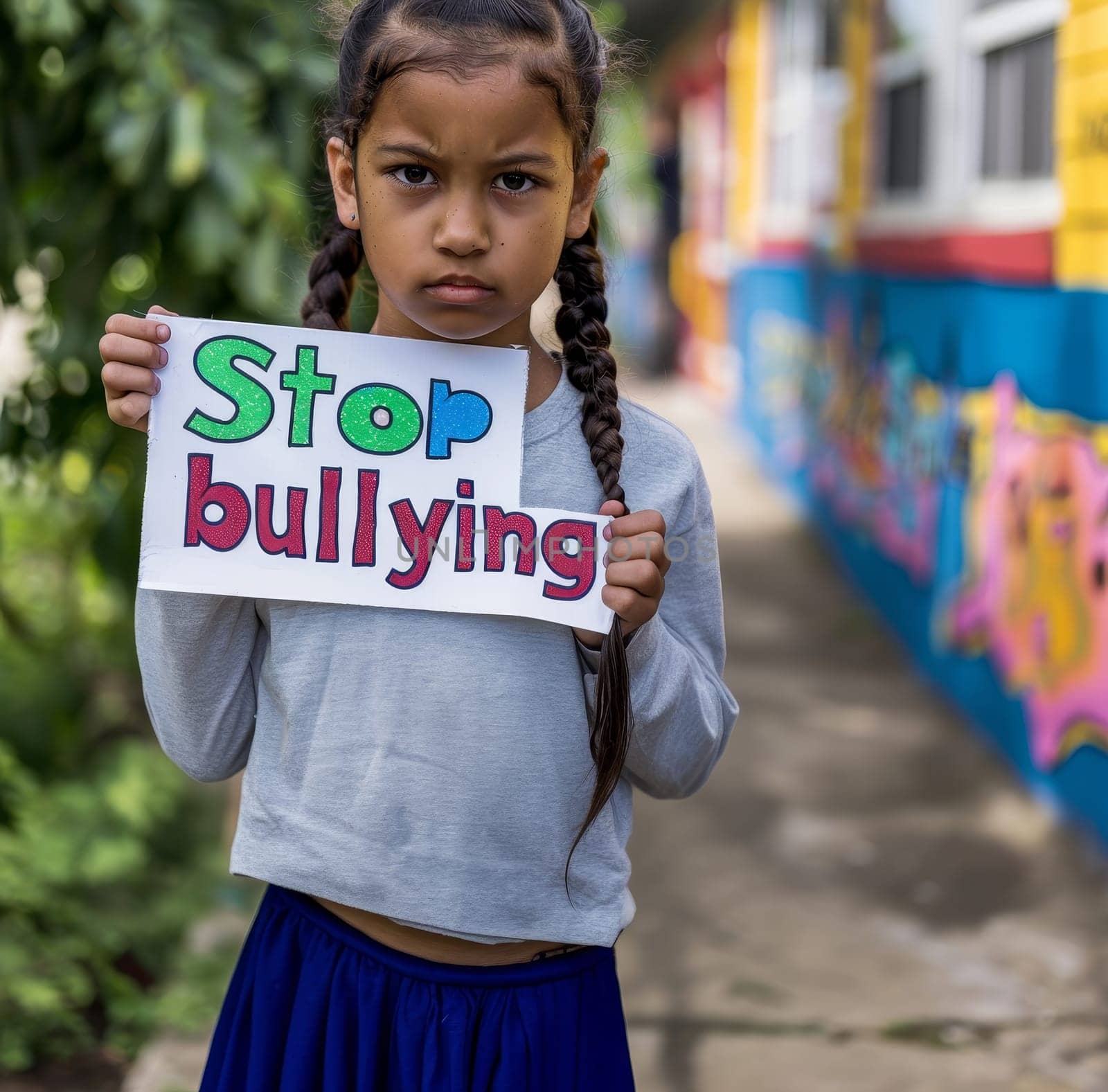 A young girl with braided hair solemnly displays a 'Stop bullying' sign, advocating for a safer school environment. The colorful backdrop reflects the vibrant spirit of youth