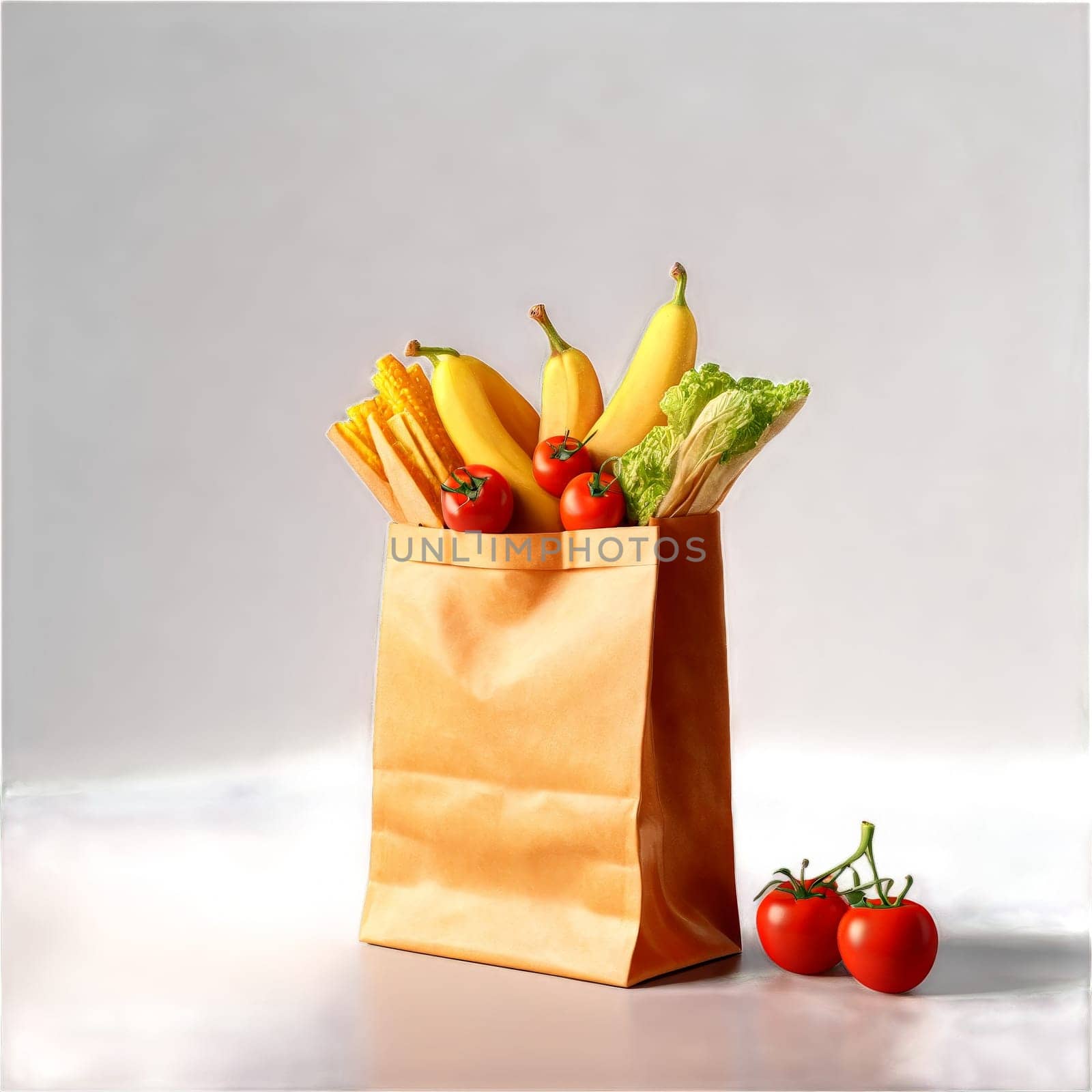 Eco friendly paper bag brimming with natural unprocessed foods with items tumbling out Food. Food isolated on transparent background.