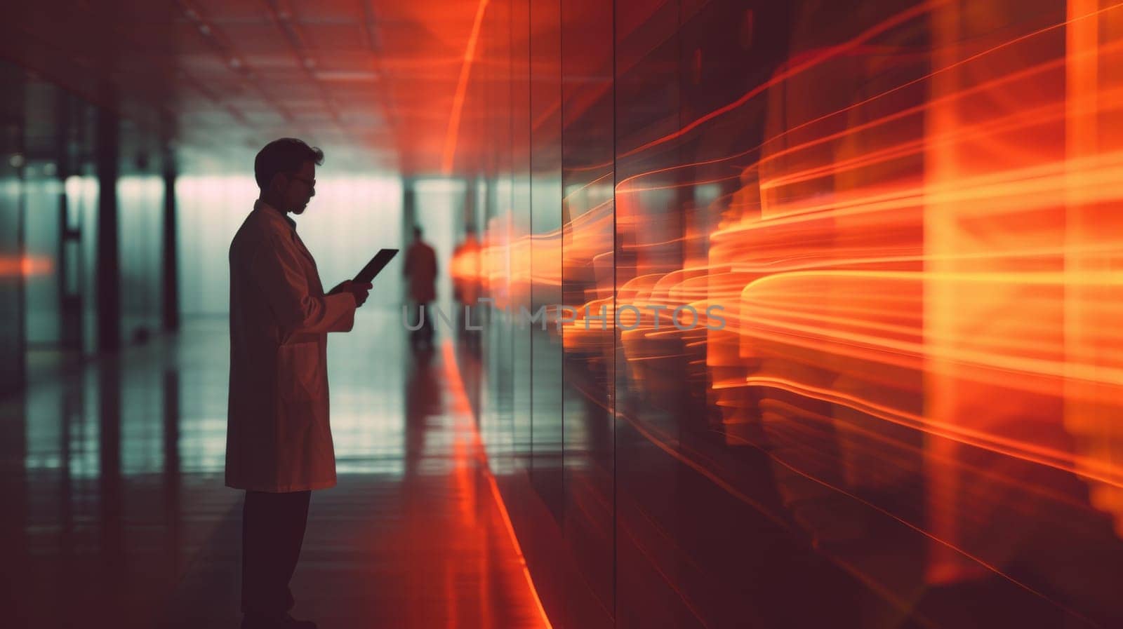 A doctor wearing a white lab coat is looking at a tablet displaying a colorful, swirling pattern. Concept of wonder and curiosity, as the woman is studying the patterns on the tablet