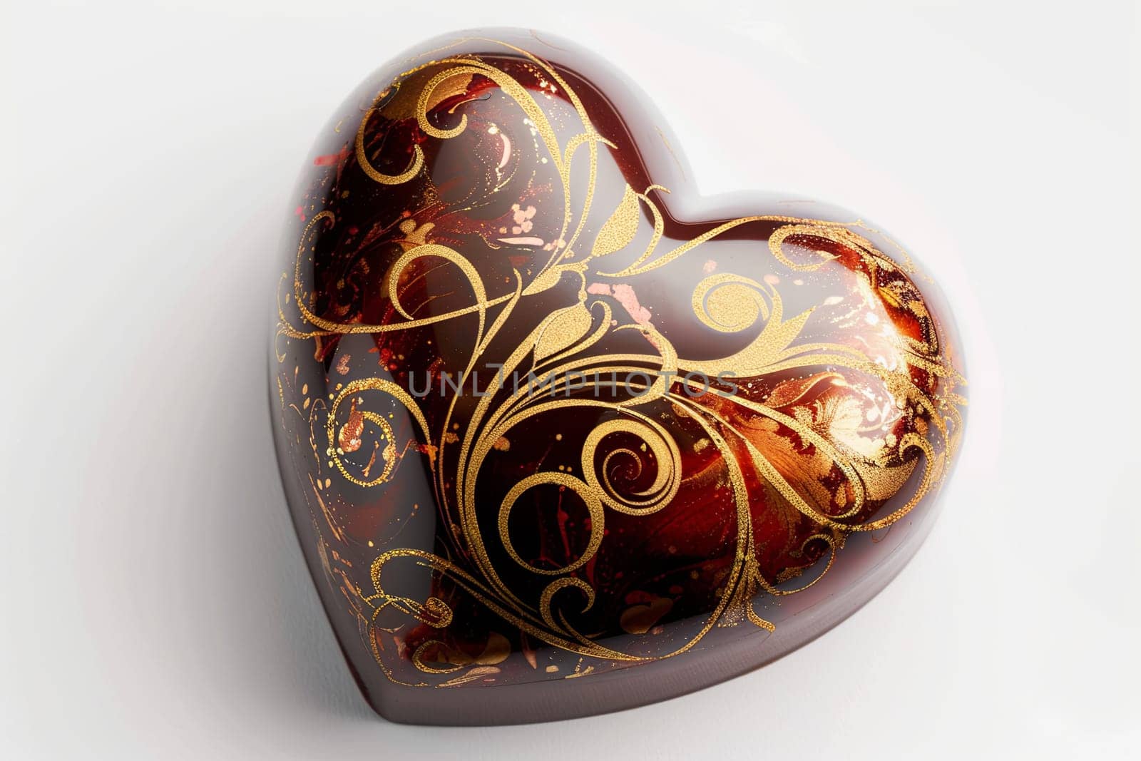 Heart shaped box with intricate gold designs, elegant and romantic, on a white background.