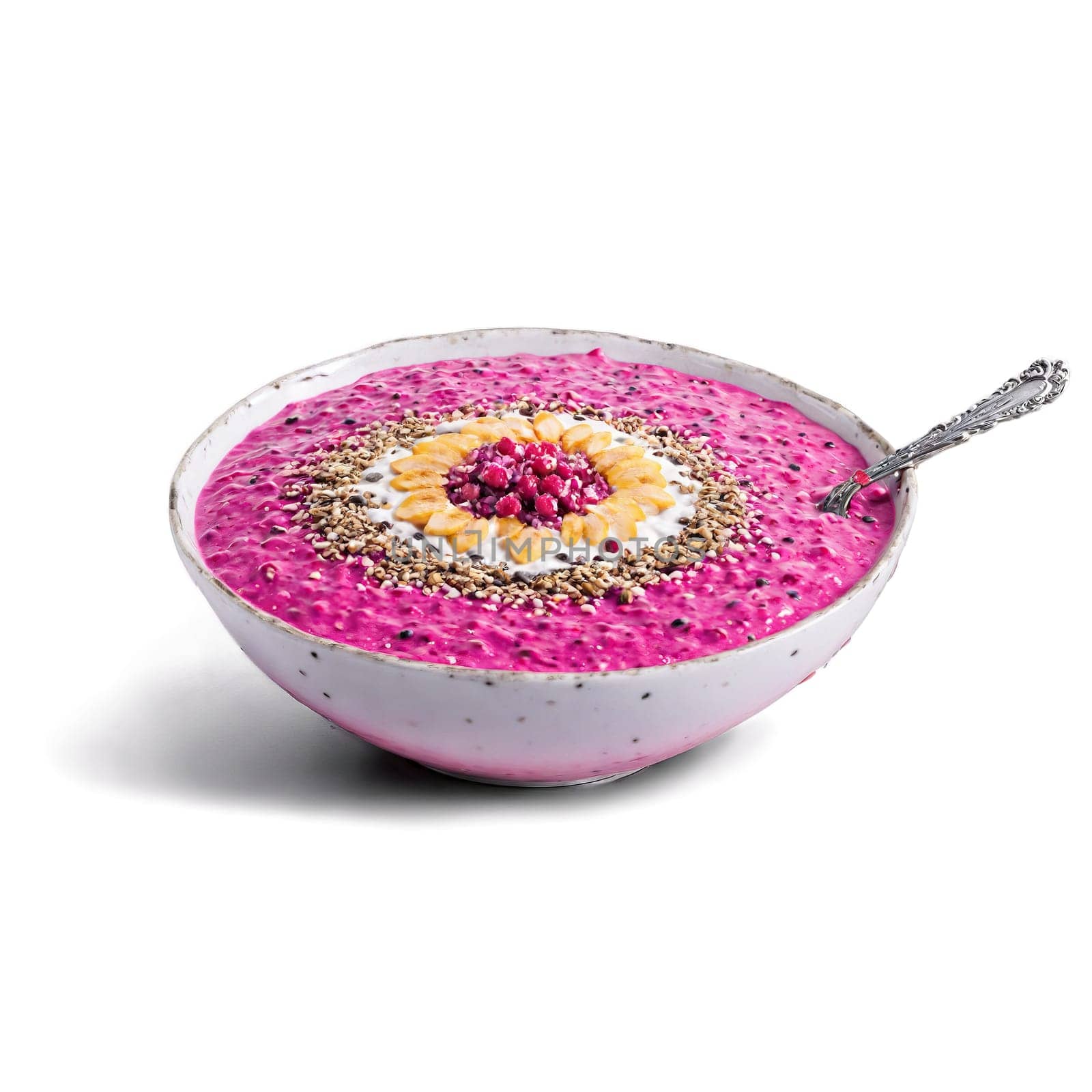 Pitaya smoothie bowl vibrant pink and seed speckled swirling with toppings with a spoon scooping. Food isolated on transparent background.