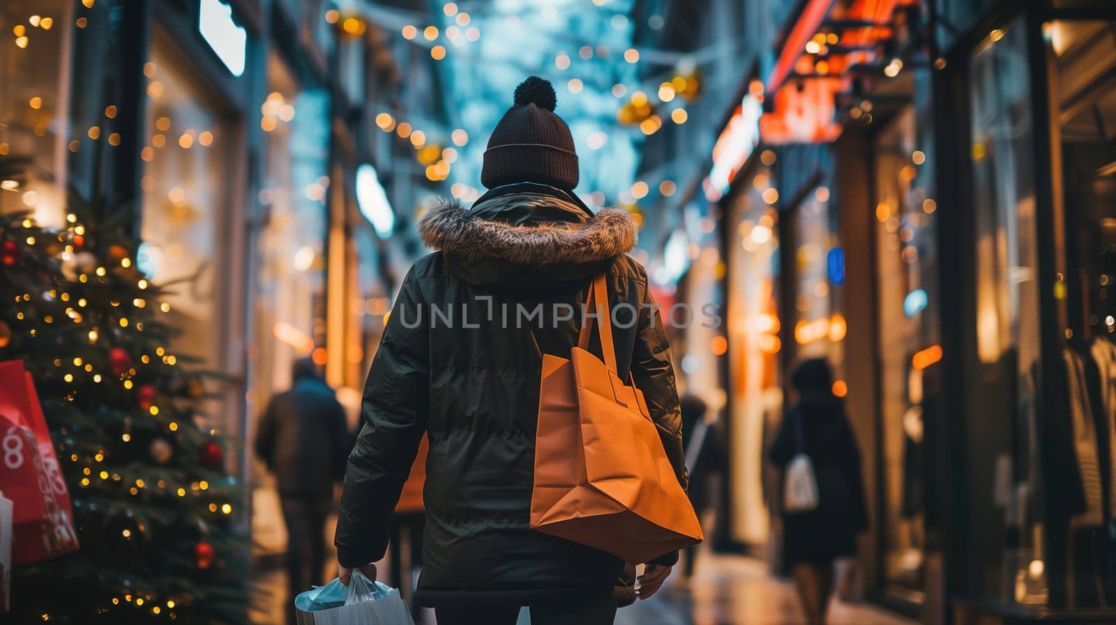 A person is walking down a street with a Christmas tree visible in the background. The scene captures the holiday spirit and the hustle and bustle of the season.