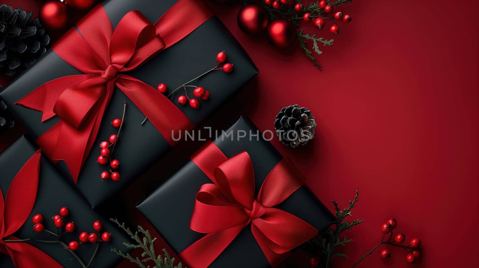 A Christmas present is elegantly wrapped in black and red ribbon, a perfect gift for the holiday season. The contrasting colors create a striking visual impact.