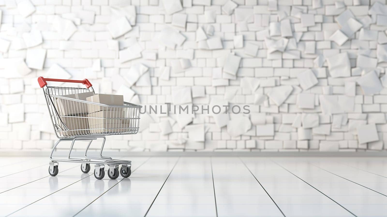 A shopping cart is placed in front of a white brick wall, with two empty boxes sitting in front of it. This scene portrays a shopping-related concept, possibly related to sales events like Black Friday.