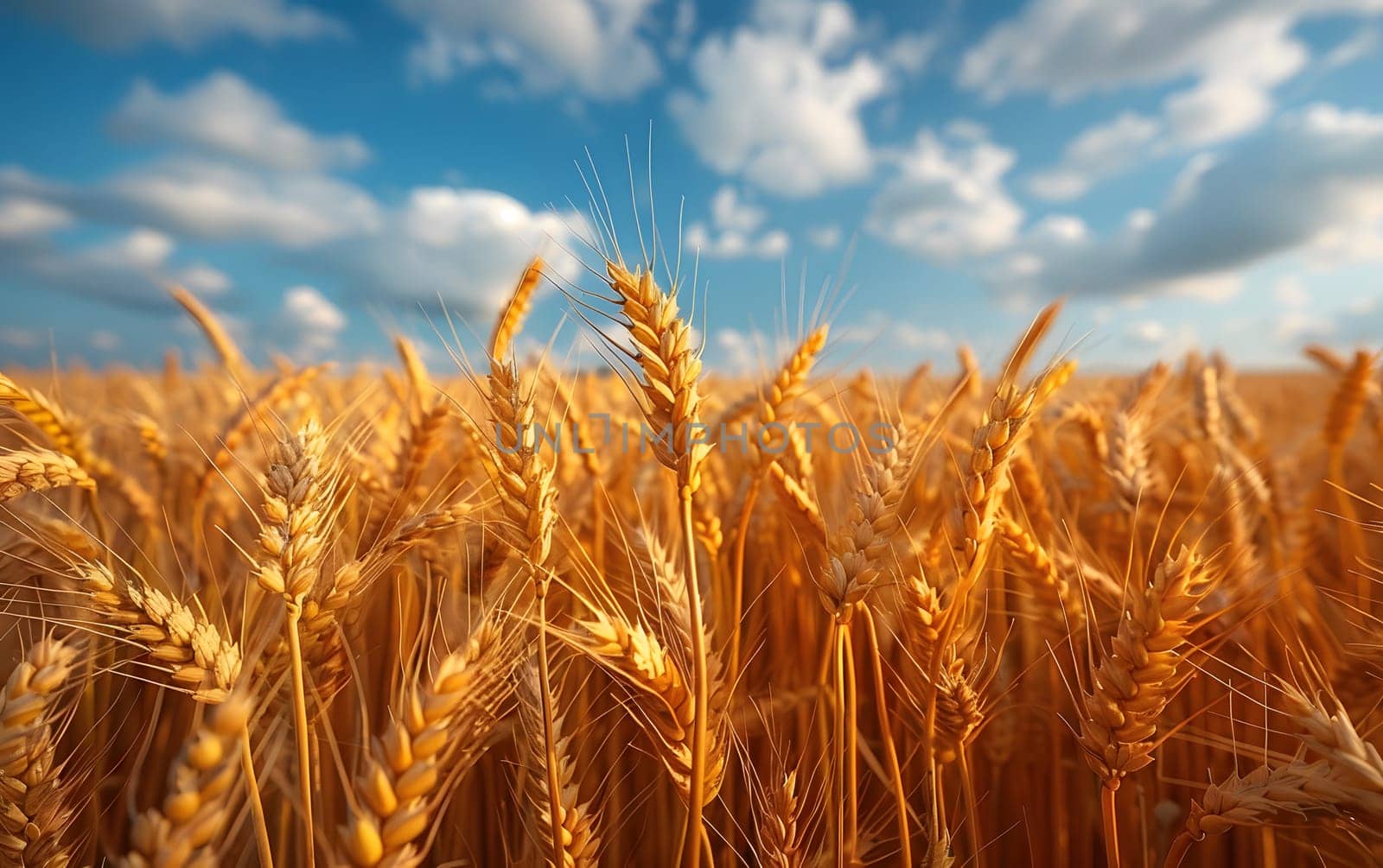 A picturesque scene of a vast field of Khorasan wheat with a clear blue sky and fluffy clouds in the background, showcasing the beauty of agriculture and nature