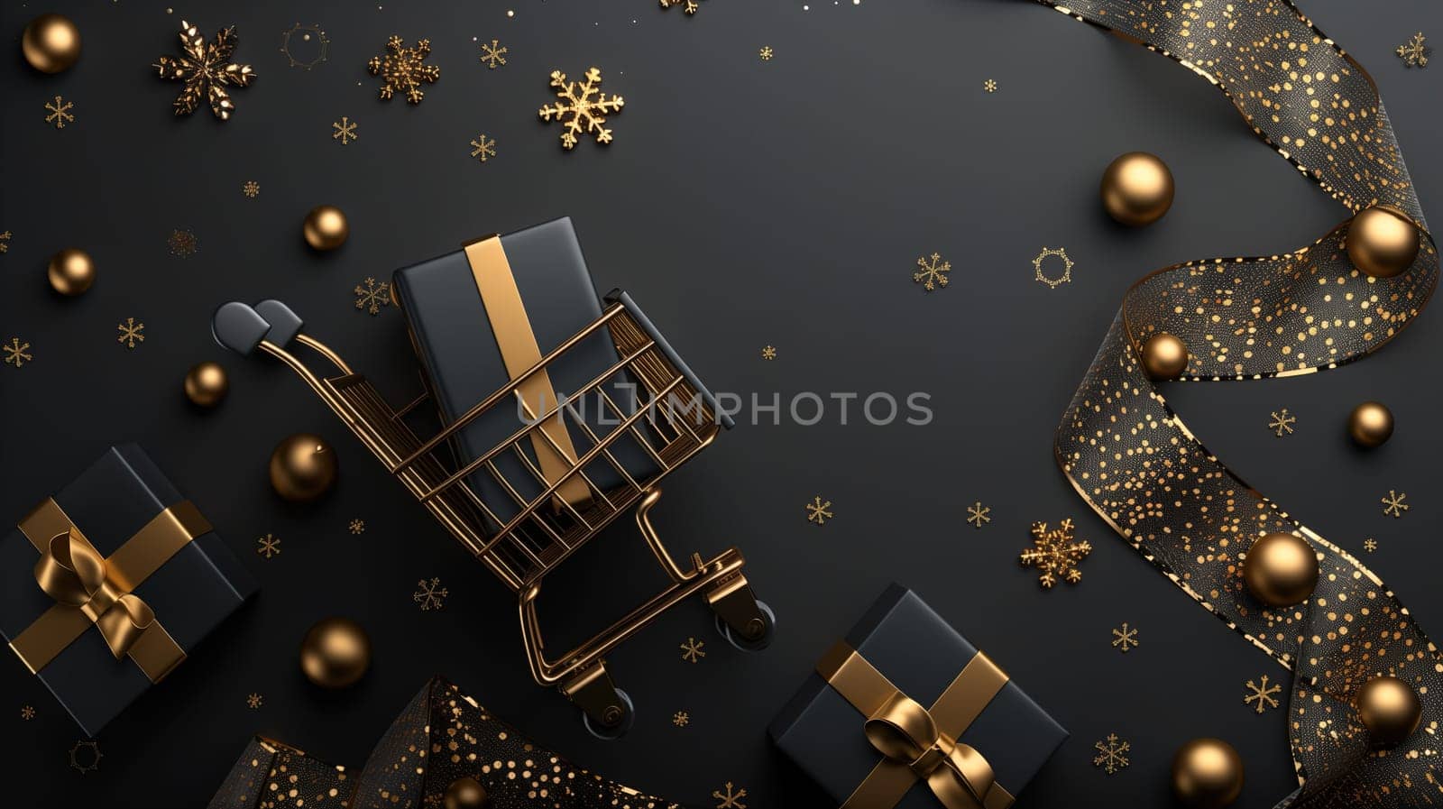 A shopping cart filled with various items is surrounded by festive Christmas decorations such as lights, ornaments, and ribbons. The scene conveys a holiday shopping atmosphere with a touch of seasonal cheer.