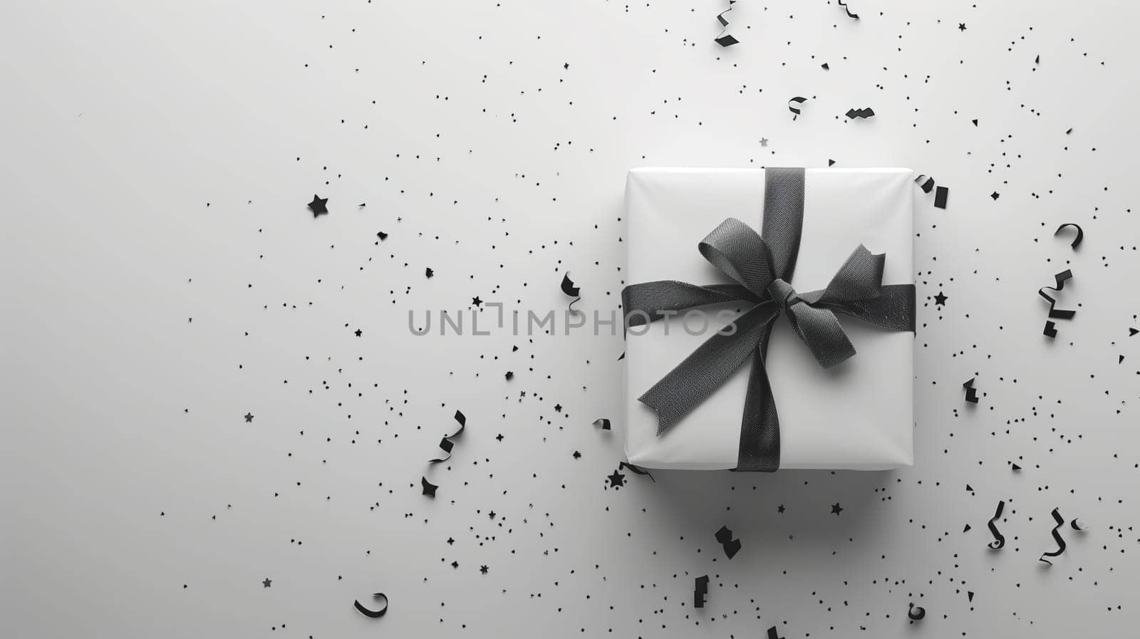 A white gift box sits prominently with a sleek black bow on top. The box exudes elegance and sophistication, perfect for gifting on special occasions like birthdays or holidays.